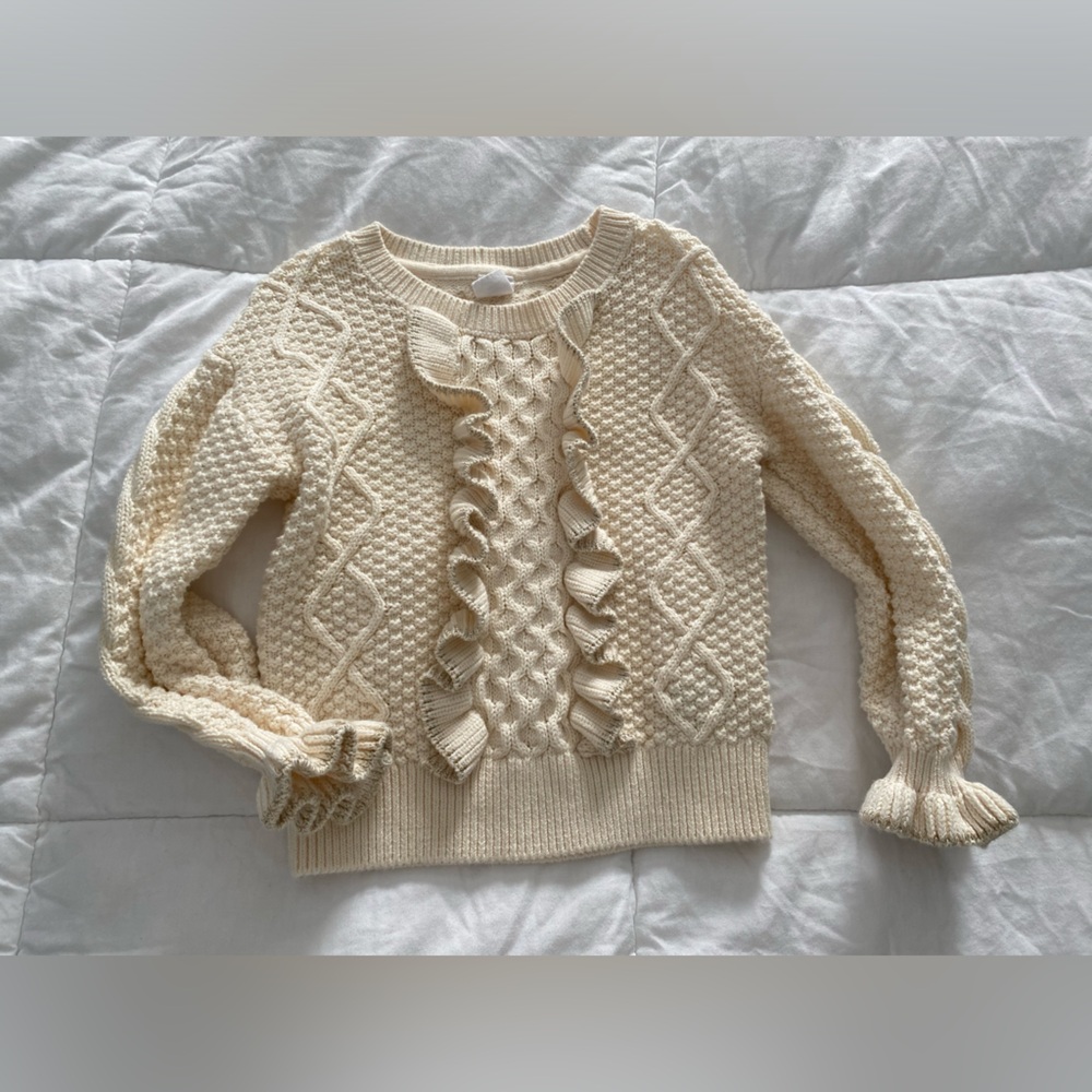 BabyGAP girl size 4 sweater Cream Gold Metallic Textured Knit Sweater ruffle hem - Picture 13 of 15
